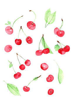 Watercolor sweet cherry set.Hand drawn hand drawn illustration isolated on white background.