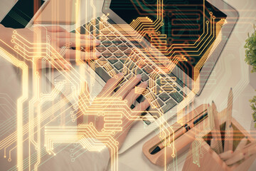 Double exposure of woman hands typing on computer and technology theme drawing. High Tech concept.