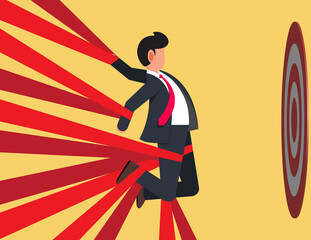 Business man is literally tied up in red tape. concept bureaucratic hindrances