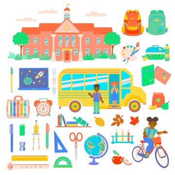 School and education icons, symbols, objects set. Vector illustration