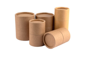 Different paper tubes with paper cap or lids, cardboard containers for packaging isolated on white...