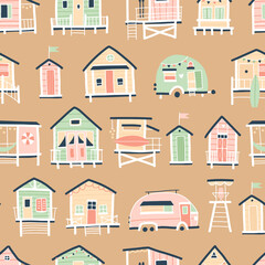 Beach houses and trailers seamless pattern. Cute summer cartoon illustration in simple hand drawn childish scandinavian vintage style. Tiny tropical buildings in a pastel palette. Ideal for printing.