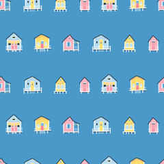 Beach houses seamless pattern. Cute summer cartoon illustrations in simple hand drawn childish scandinavian style. Tiny tropical buildings in a colorful pastel palette. Ideal for printing.