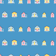 Fototapeta premium Beach houses seamless pattern. Cute summer cartoon illustrations in simple hand drawn childish scandinavian style. Tiny tropical buildings in a colorful pastel palette. Ideal for printing.