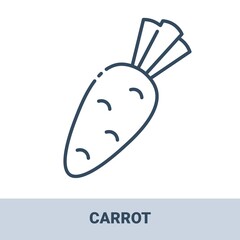 Fresh carrot outline monochrome icon with title. Vector monochrome illustrations isolated on white background. Healthy food concept.