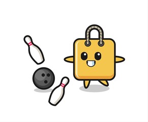 Character cartoon of shopping bag is playing bowling