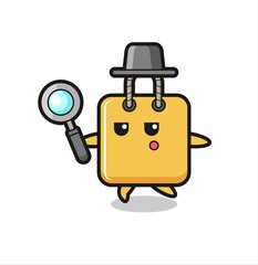 shopping bag cartoon character searching with a magnifying glass