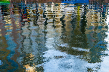 Colorful reflection of the buildings along the canal in Amsterdam in the autumn