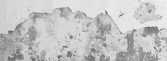 Panorama of Old cement wall painted white, peeling paint texture and background - 446056108