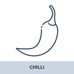 Fresh chilli outline monochrome icon with title. Vector monochrome illustrations isolated on white background. Healthy food concept.