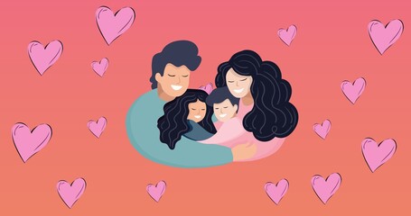 Composition of family embracing over heart icons on red background