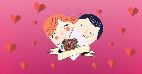 Composition of couple embracing over heart icons on red background