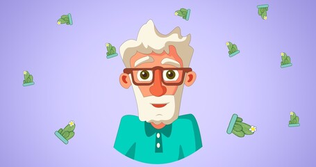 Composition of grandfather over plant icons on blue background