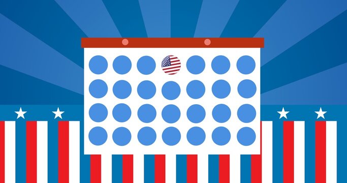 Independence day icon over 4th of july date on calendar against american flag design in background