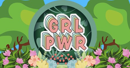 Composition of text girl power over forest