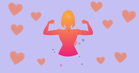 Composition of woman tightening her muscles on blue background