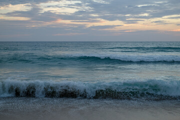 Sea sand sky concept, sunset colors clouds, horizon, horizontal background banner. Inspirational nature landscape, beautiful colors, wonderful scenery of tropical beach. Beach sunset, summer vacation