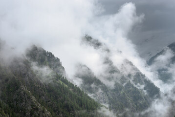 Dramatic landscape with fog rises on slopes of mountains