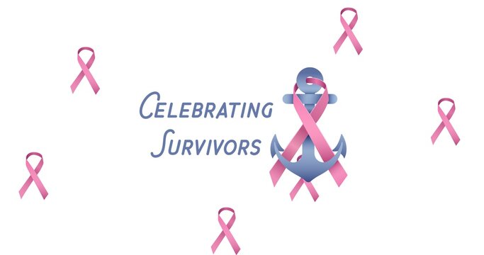 Composition of pink breast cancer ribbons on white background
