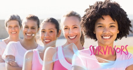 Composition of pink survivors text over group of smiling women