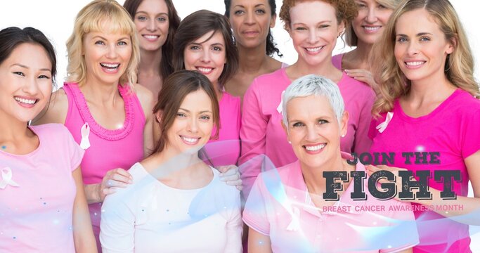 Composition of pink join the fight text over group of smiling women