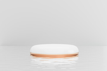 Cosmetic display product stand, White gold round cylinder podium reflects water ripple background. 3D rendering illustration