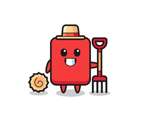 Mascot character of red card as a farmer