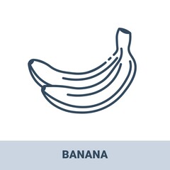 Fresh bananas outline monochrome icon with title. Vector monochrome illustrations isolated on white background. Healthy food concept.