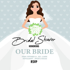 Fototapeta na wymiar Bridal shower invitation. The beautiful young bride is in an elegant wedding dress. Vector illustration for your design. Invitation, greeting card, template for the bride show.