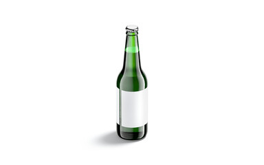 Blank green glass beer bottle with white label mockup, isolated