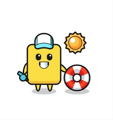 Cartoon mascot of yellow card as a beach guard