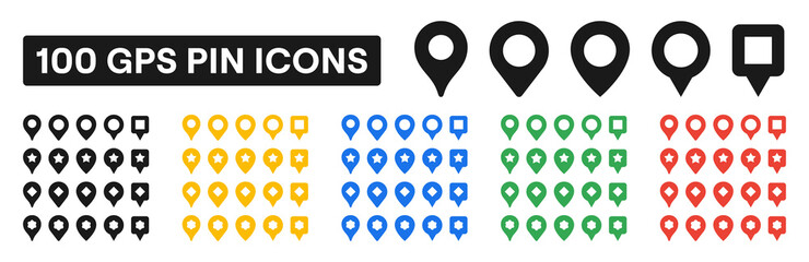Pin map location icons vector collection. GPS marker symbols on black and colors. Plan signs pointer. Flat pins set illustration.