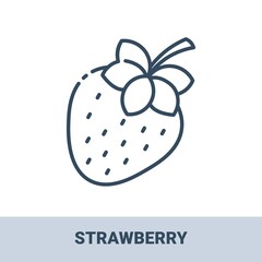 Fresh strawberry outline monochrome icon with title. Vector monochrome illustrations isolated on white background. Healthy food concept.