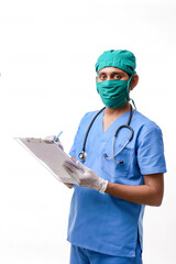 Young indian male doctor dressed in uniform with stethoscope tak