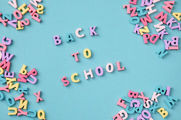 Text Back To School. Many multicolored letters. School studies, teaching to read.