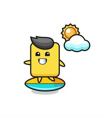 Illustration of yellow card cartoon do surfing on the beach