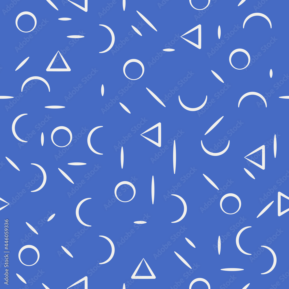 Poster Blue background and geometric shapes pattern. Vector seamless circles and triangles pattern.