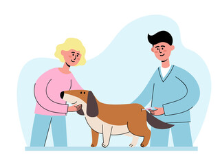 Veterinarian makes an injection to dog and owner at appointment.