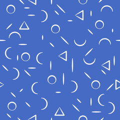 Blue background and geometric shapes pattern. Vector seamless circles and triangles pattern.