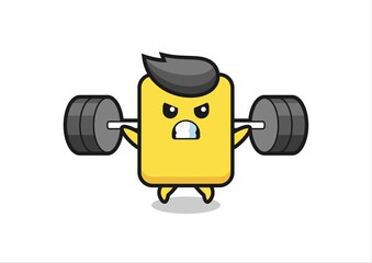 yellow card mascot cartoon with a barbell