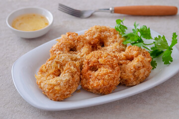Deep fried shrimp cake on white plate, Thai food