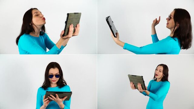 Caucasian brunette Woman in a turquoise sweater or blouse, 25-30 years old, against a white background. The model holds a tablet in her hands and is chatting with someone. Split screen.