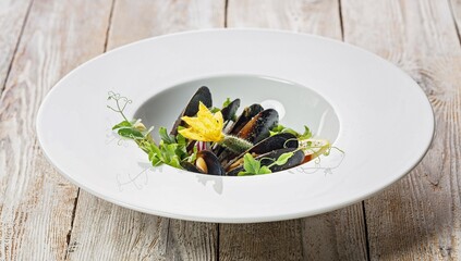Food banner. Mussels with green peas and gherkins in wine sauce on a white plate. Healthy and delicious seafood. Restaurant recipe. Copy space.