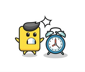 Cartoon Illustration of yellow card is surprised with a giant alarm clock