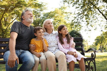Happy grandparents with little children resting together in park