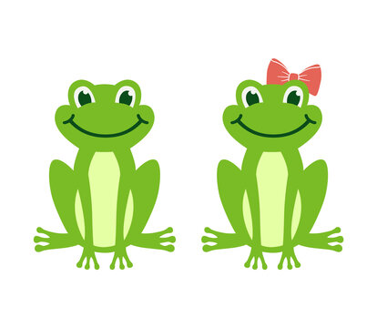 Vector cartoon green frog isolated on white background. Frogs boy and girl with bow sit and smile. Children illustration