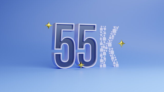Social media 55k followers, subscribers thank you banner. Social media likes and subscribers, communication concept.