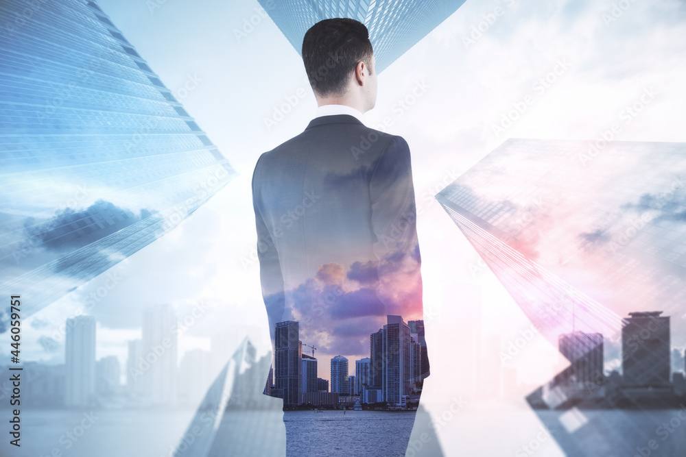 Poster back view of young businessman standing on abstract city background with mock up place. success and 