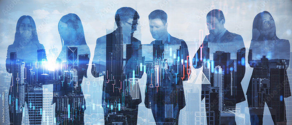 Poster colleages standing on abstract illuminated city background with forex chart. teamwork and trading co