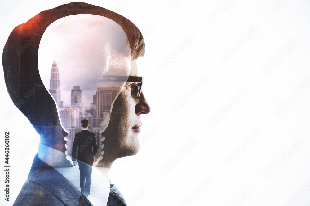 Poster Abstract side portrait of businessman with light bulb abstraction on white background with mock up place. Idea and brainstorm concept. Double exposure.